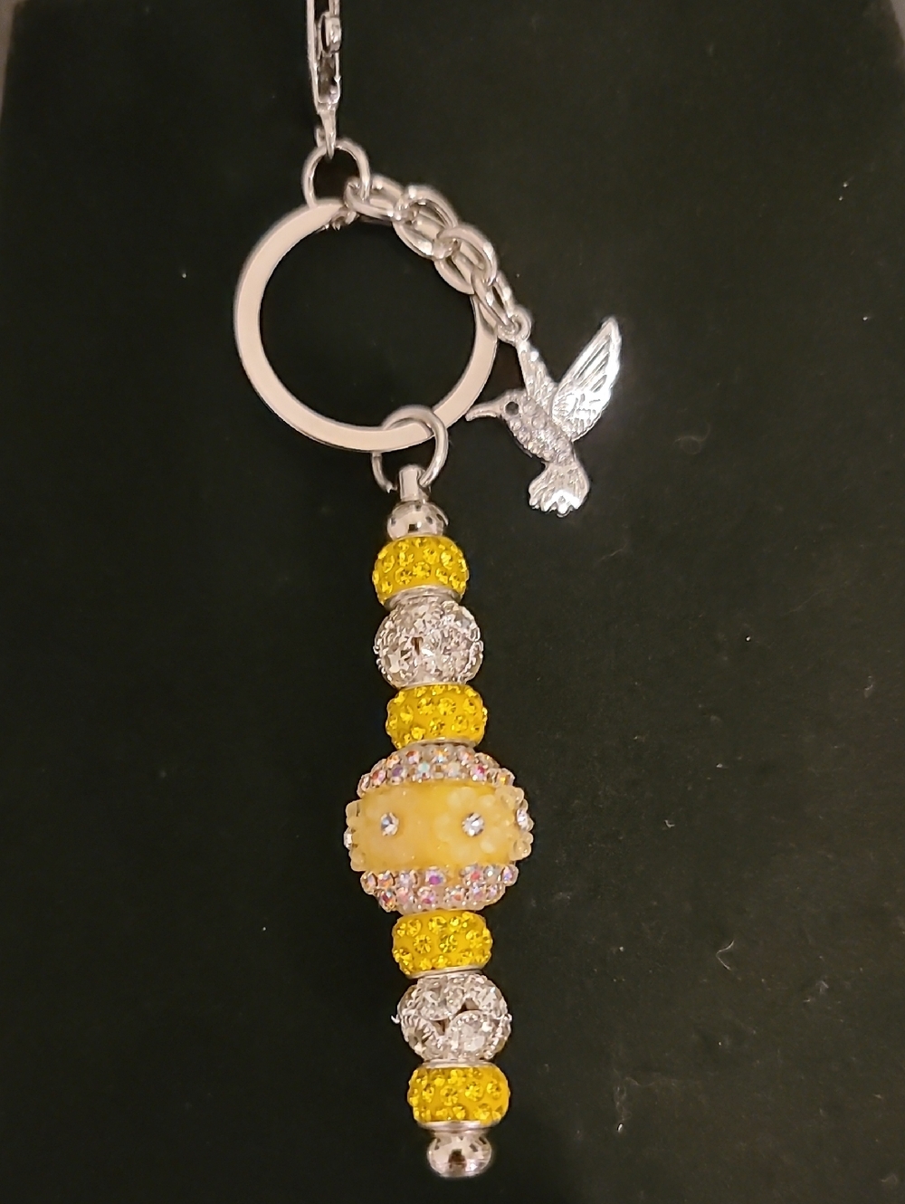 Yellow + Silver Bird + Floral Rhinestone Keychain